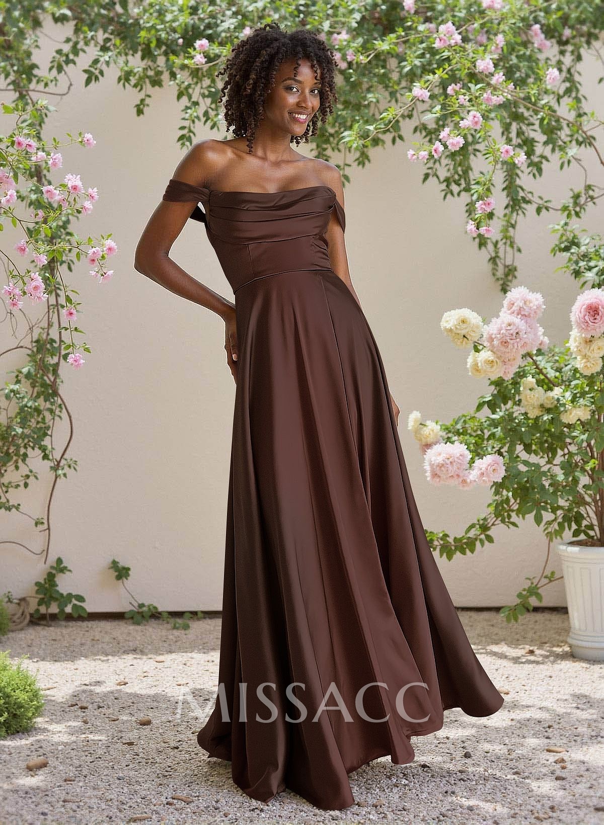 Classic Cowl Neck Off-The-Shoulder A-Line High Split Satin Bridesmaid Dresses