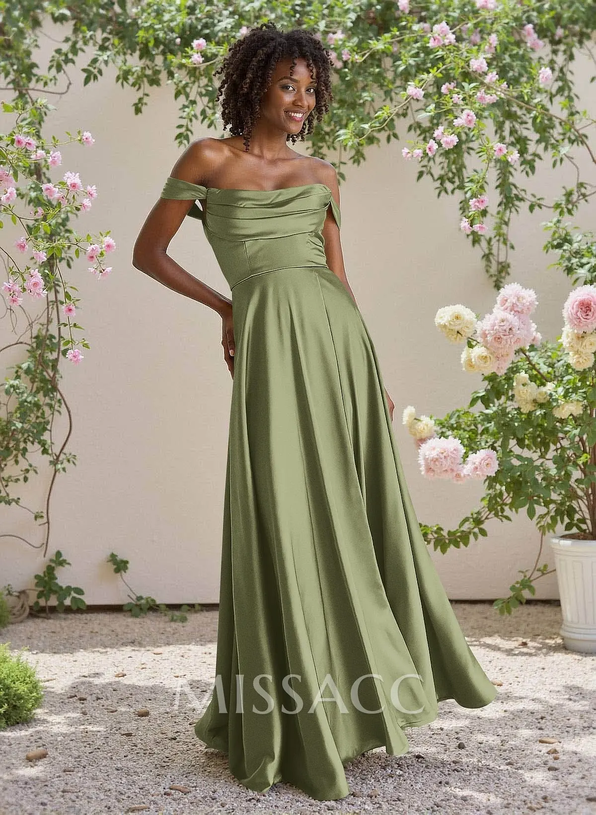 cowl front bridesmaid dress Classic Neck Off-The-Shoulder A-Line High Split Satin Dresses glam ruching is ready