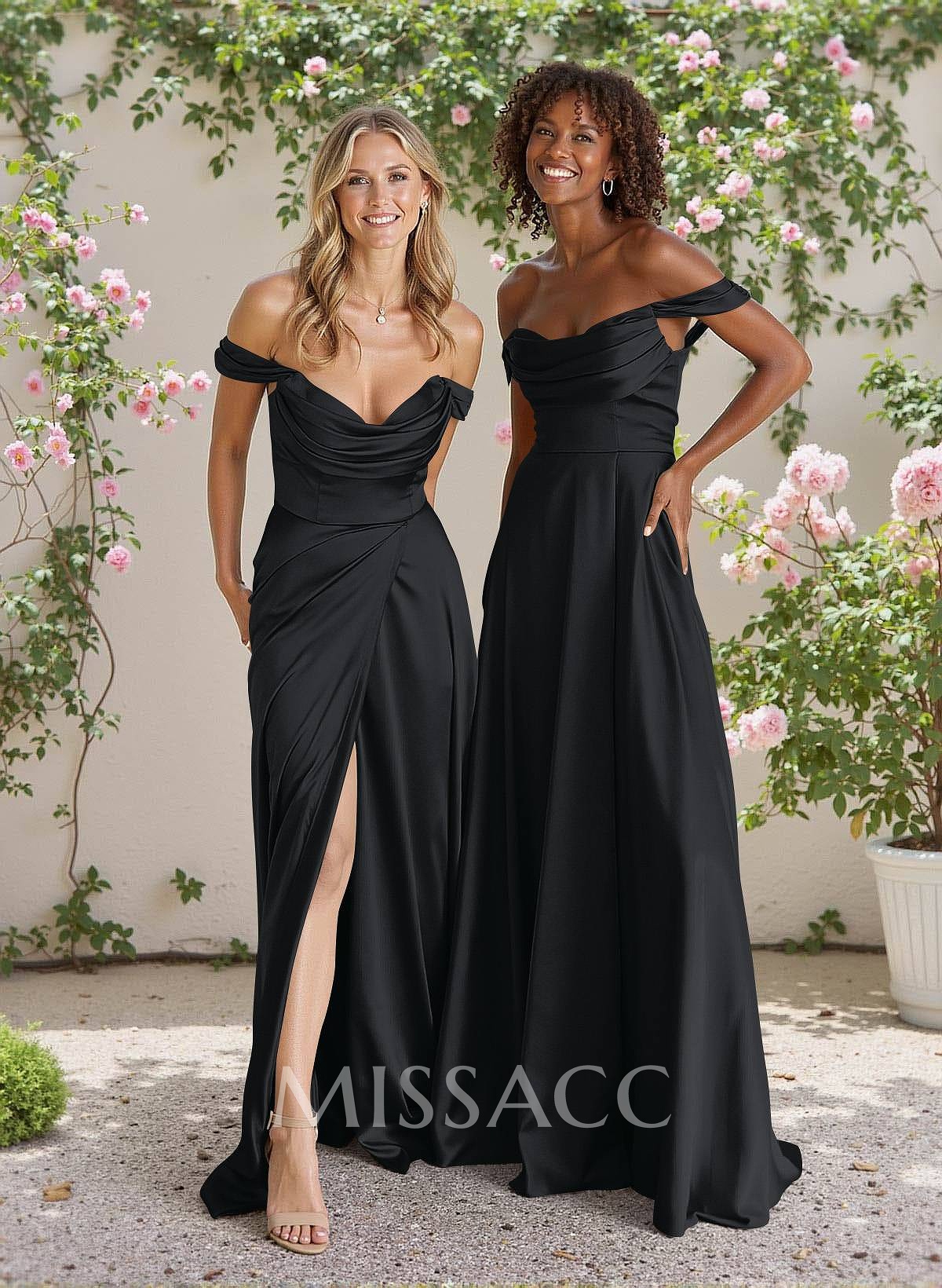 Classic Cowl Neck Off-The-Shoulder A-Line High Split Satin Bridesmaid Dresses Classic Cowl Neck Off-The-Shoulder A-Line High Split Satin Bridesmaid Dresses
