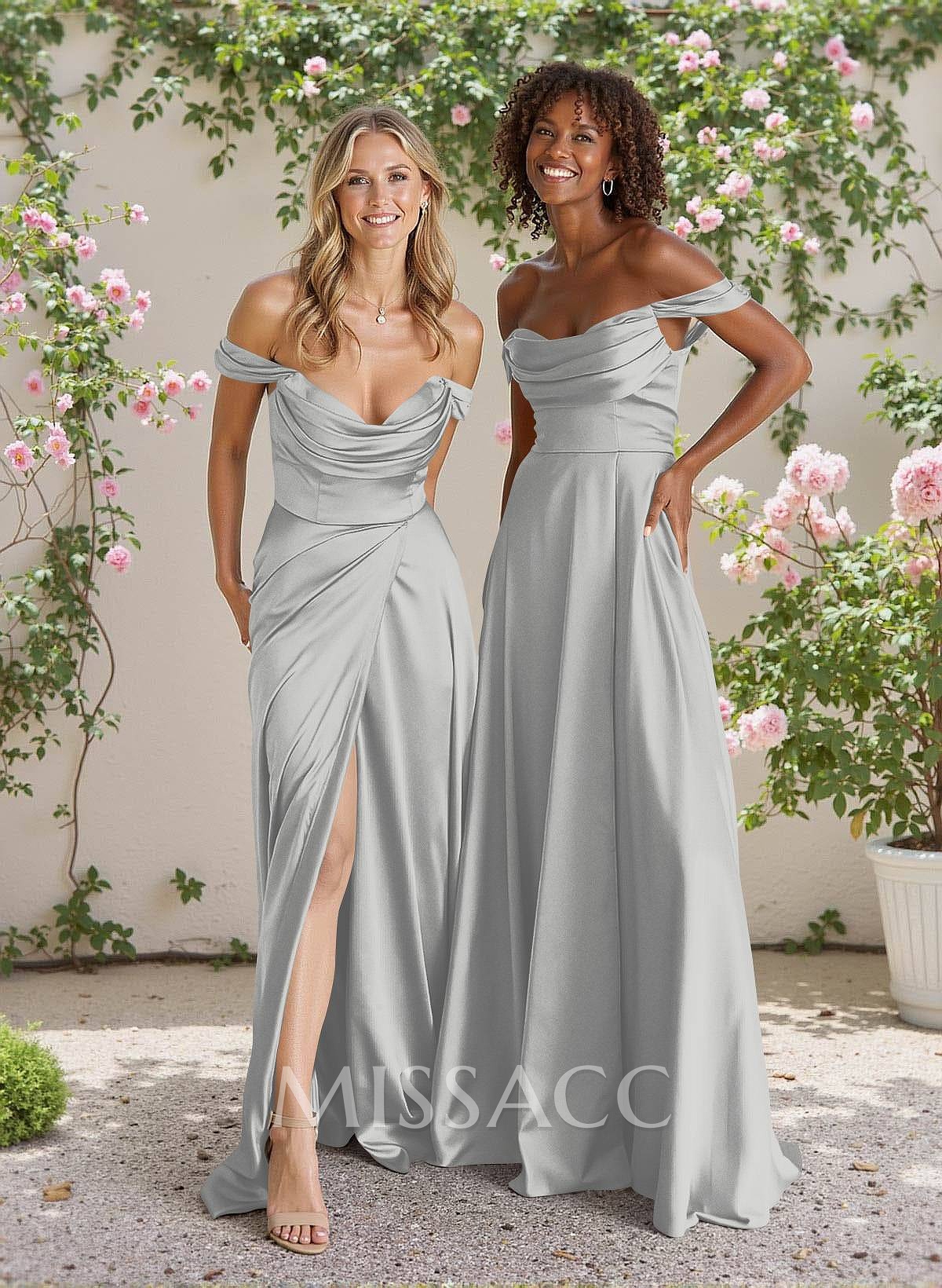 Classic Cowl Neck Off-The-Shoulder A-Line High Split Satin Bridesmaid Dresses Classic Cowl Neck Off-The-Shoulder A-Line High Split Satin Bridesmaid Dresses