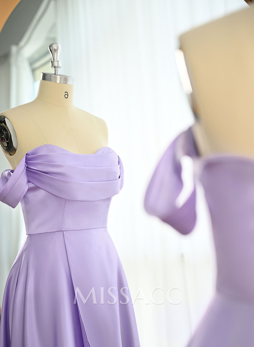 Classic Cowl Neck Off-The-Shoulder A-Line High Split Satin Bridesmaid Dresses