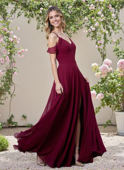 Classic V-Neck Cold Shoulder A-Line Floor-Length Chiffon Bridesmaid Dresses