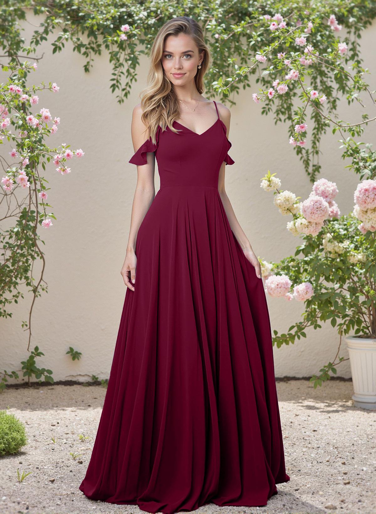 Classic V-Neck Cold Shoulder A-Line Floor-Length Chiffon Bridesmaid Dresses