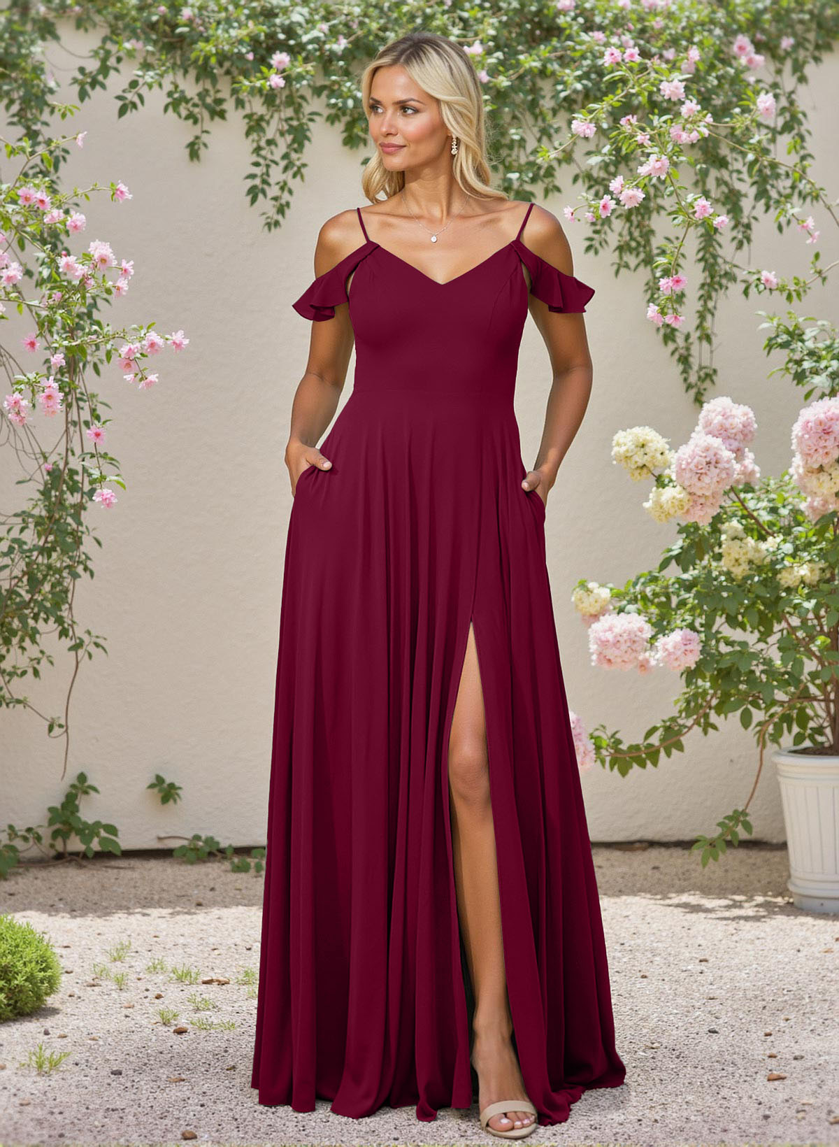 Classic V-Neck Cold Shoulder A-Line Floor-Length Chiffon Bridesmaid Dresses