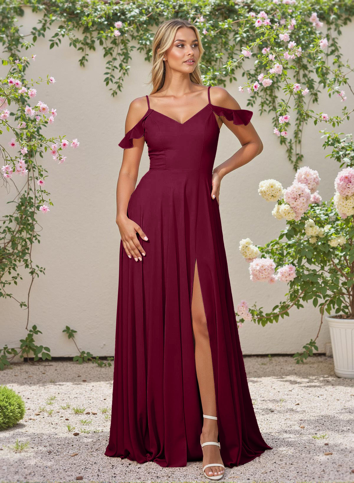 Classic V-Neck Cold Shoulder A-Line Floor-Length Chiffon Bridesmaid Dresses