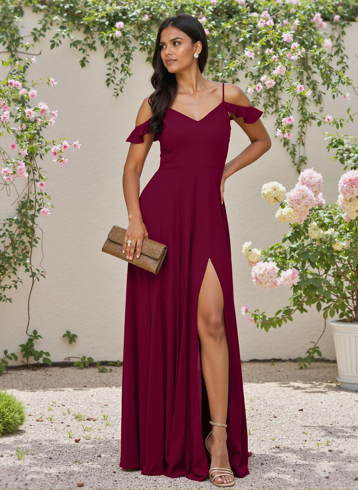 Classic V-Neck Cold Shoulder A-Line Floor-Length Chiffon Bridesmaid Dresses