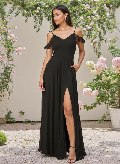 Classic V-Neck Cold Shoulder A-Line Floor-Length Chiffon Bridesmaid Dresses