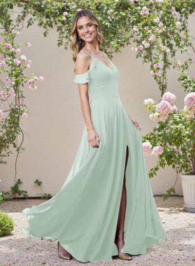Classic V-Neck Cold Shoulder A-Line Floor-Length Chiffon Bridesmaid Dresses