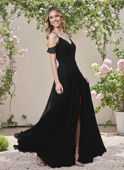 Classic V-Neck Cold Shoulder A-Line Floor-Length Chiffon Bridesmaid Dresses