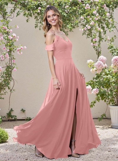 Classic V-Neck Cold Shoulder A-Line Floor-Length Chiffon Bridesmaid Dresses