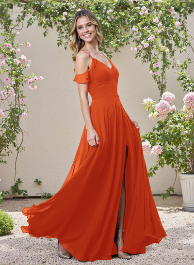 Classic V-Neck Cold Shoulder A-Line Floor-Length Chiffon Bridesmaid Dresses