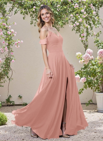 Classic V-Neck Cold Shoulder A-Line Floor-Length Chiffon Bridesmaid Dresses