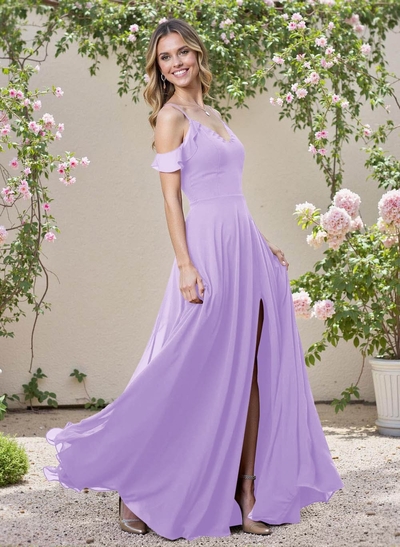 Classic V-Neck Cold Shoulder A-Line Floor-Length Chiffon Bridesmaid Dresses