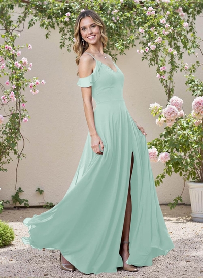Classic V-Neck Cold Shoulder A-Line Floor-Length Chiffon Bridesmaid Dresses