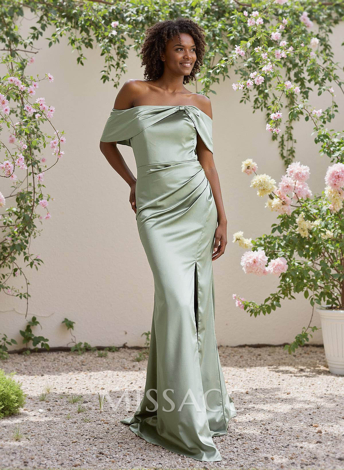 Elegant Bow(s) Off-The-Shoulder High Split Stretch Satin Bridesmaid Dresses