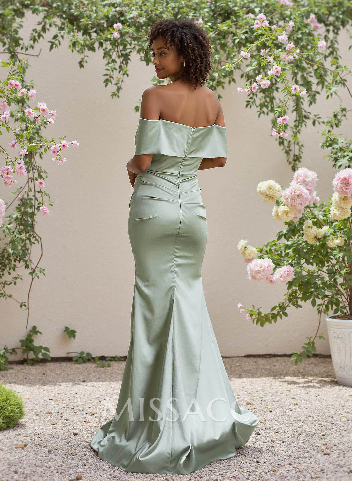 Elegant Bow(s) Off-The-Shoulder High Split Stretch Satin Bridesmaid Dresses