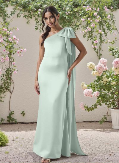 Classic One-Shoulder Bow(s) Regular Straps Floor-Length Satin Bridesmaid Dresses