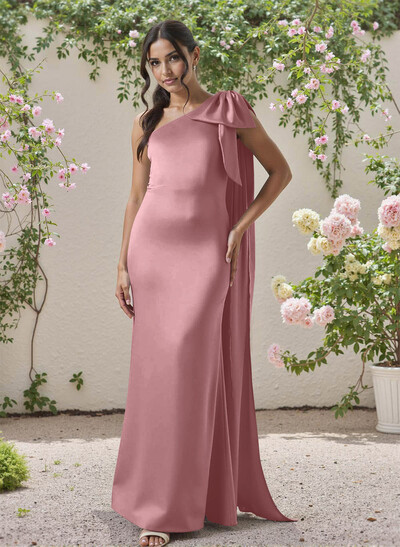 Classic One-Shoulder Bow(s) Regular Straps Floor-Length Satin Bridesmaid Dresses
