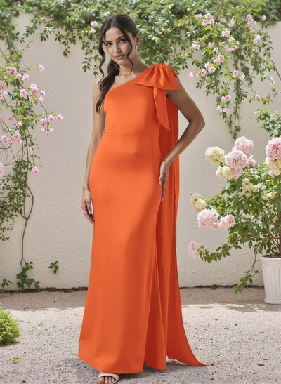 Classic One-Shoulder Bow(s) Regular Straps Floor-Length Satin Bridesmaid Dresses