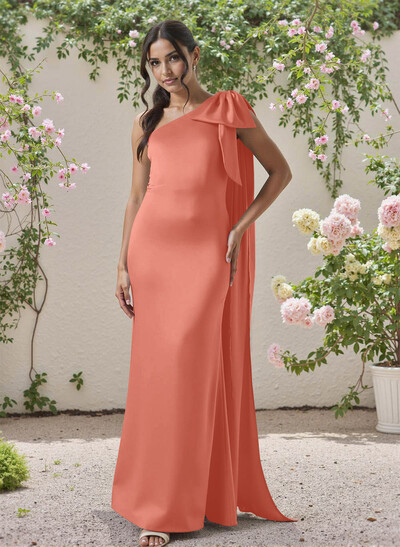 Classic One-Shoulder Bow(s) Regular Straps Floor-Length Satin Bridesmaid Dresses