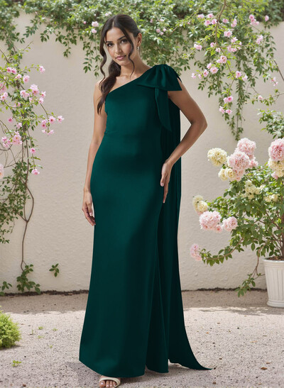 Classic One-Shoulder Bow(s) Regular Straps Floor-Length Satin Bridesmaid Dresses