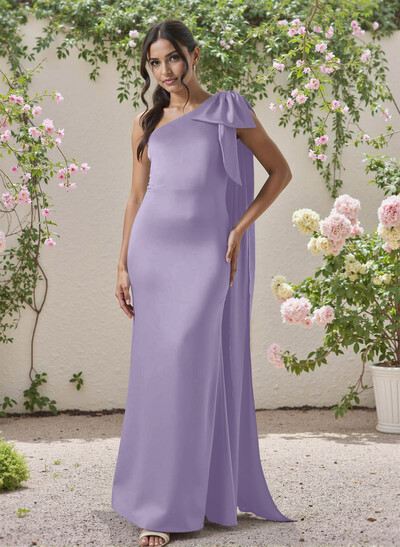 Classic One-Shoulder Bow(s) Regular Straps Floor-Length Satin Bridesmaid Dresses