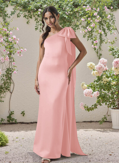 Classic One-Shoulder Bow(s) Regular Straps Floor-Length Satin Bridesmaid Dresses