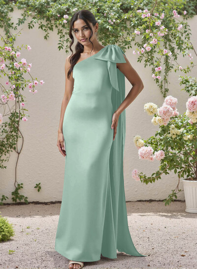 Classic One-Shoulder Bow(s) Regular Straps Floor-Length Satin Bridesmaid Dresses