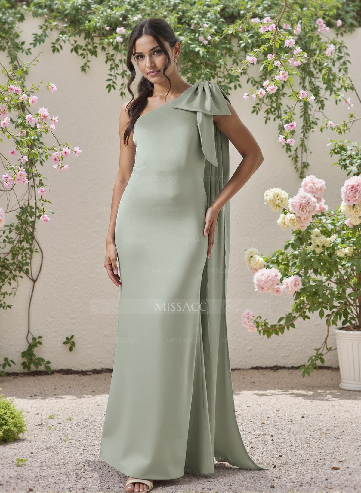 Classic One-Shoulder Bow(s) Regular Straps Floor-Length Satin Bridesmaid Dresses