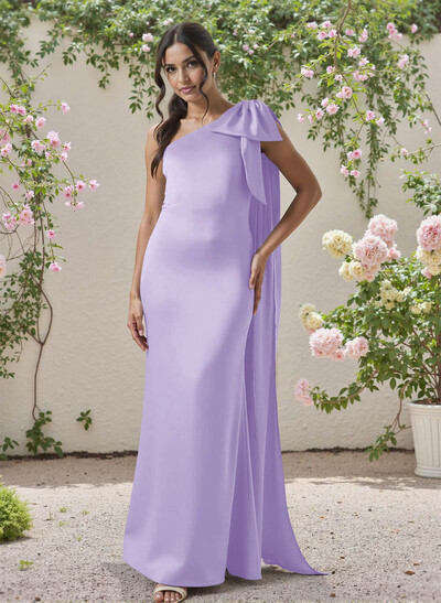 Classic One-Shoulder Bow(s) Regular Straps Floor-Length Satin Bridesmaid Dresses