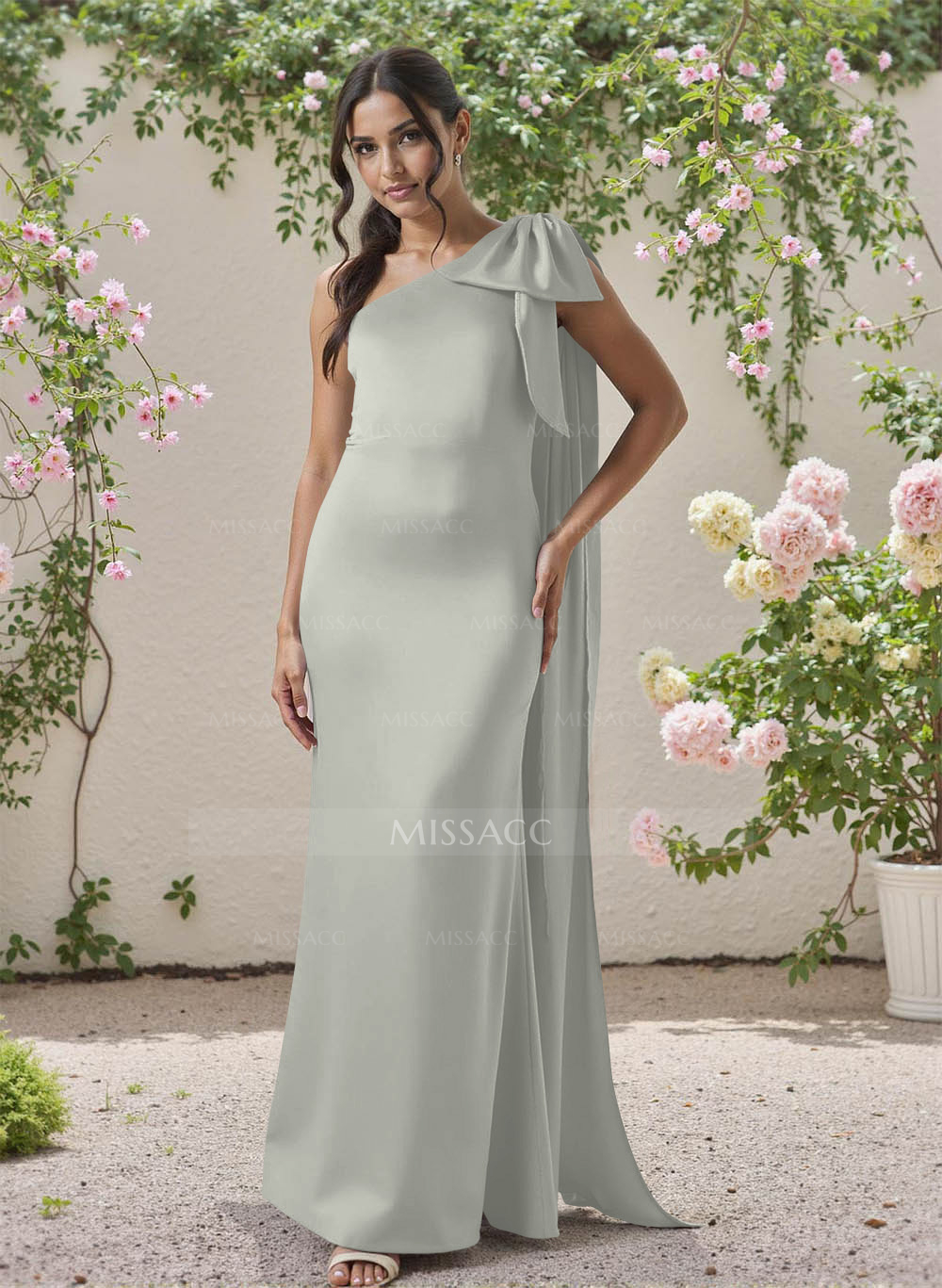 Classic One-Shoulder Bow(s) Regular Straps Floor-Length Satin Bridesmaid Dresses