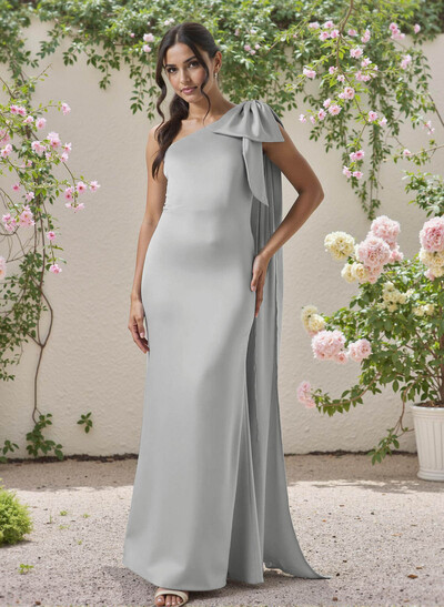 Classic One-Shoulder Bow(s) Regular Straps Floor-Length Satin Bridesmaid Dresses