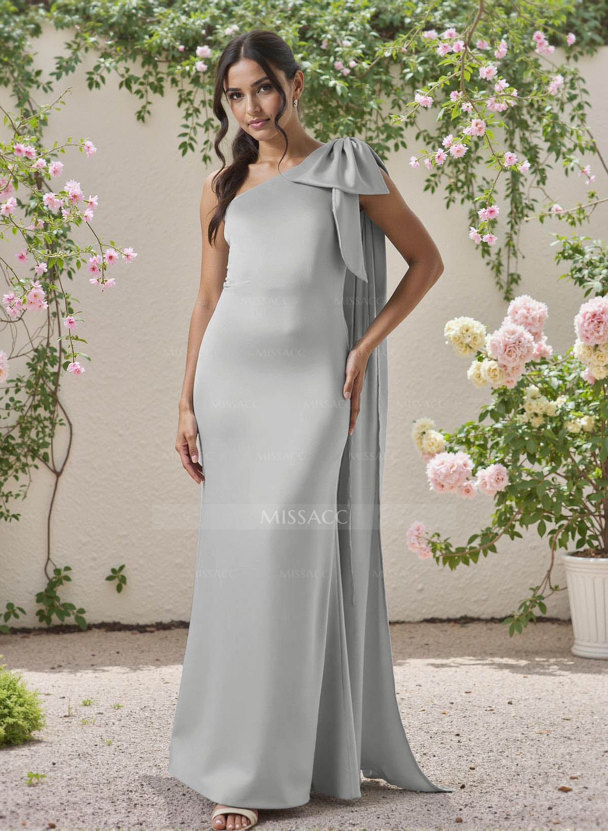 Classic One-Shoulder Bow(s) Regular Straps Floor-Length Satin Bridesmaid Dresses