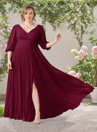Elegant Pleated V-Neck A-Line Maxi Chiffon Bridesmaid Dresses With High Split