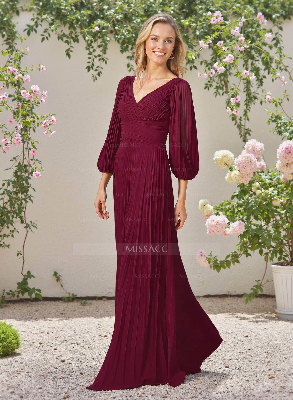 Elegant Pleated V-Neck A-Line High Split Floor-Length Chiffon Bridesmaid Dresses