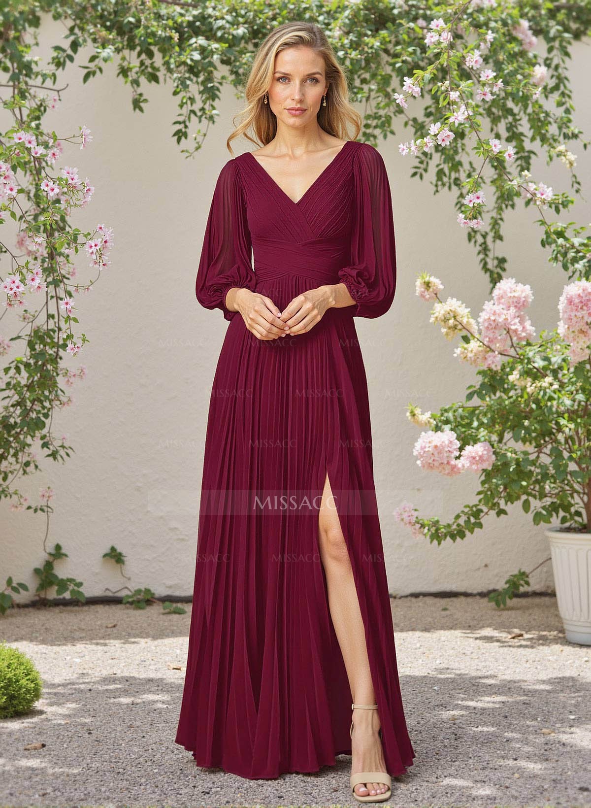 Elegant Pleated V-Neck A-Line High Split Floor-Length Chiffon Bridesmaid Dresses