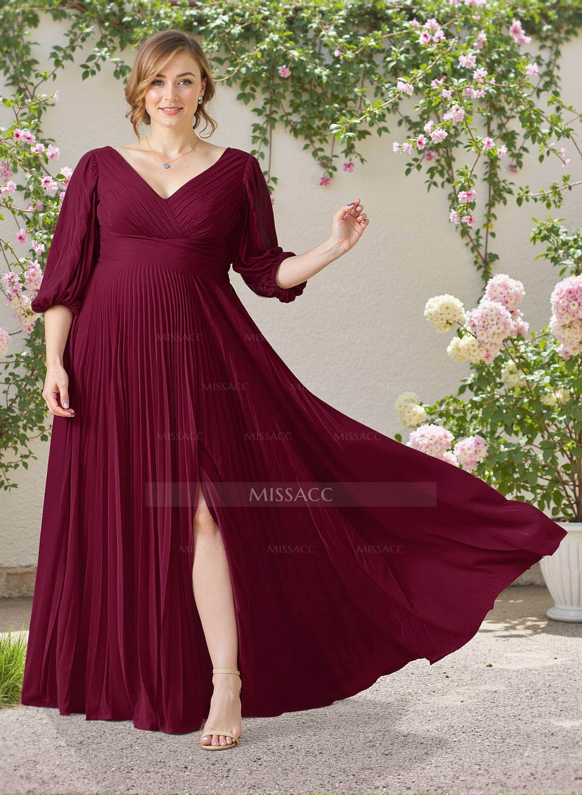 Elegant Pleated V-Neck A-Line High Split Floor-Length Chiffon Bridesmaid Dresses