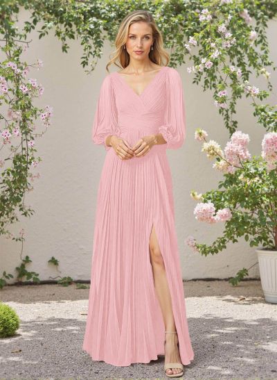 Elegant Pleated V-Neck A-Line High Split Floor-Length Chiffon Bridesmaid Dresses