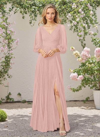 Elegant Pleated V-Neck A-Line High Split Floor-Length Chiffon Bridesmaid Dresses