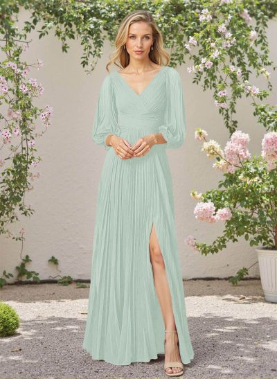 Elegant Pleated V-Neck A-Line High Split Floor-Length Chiffon Bridesmaid Dresses