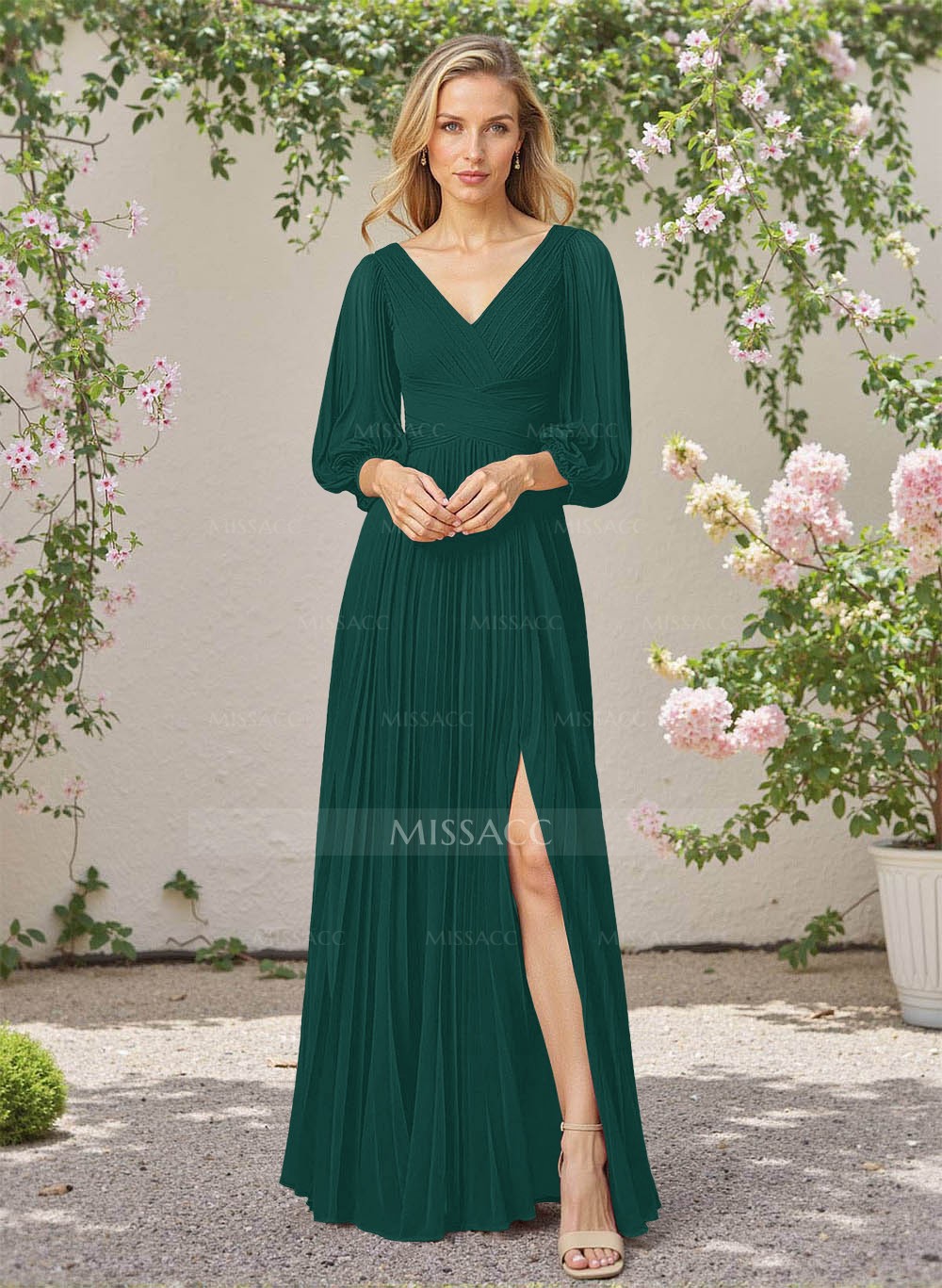 Elegant Pleated V-Neck A-Line High Split Floor-Length Chiffon
