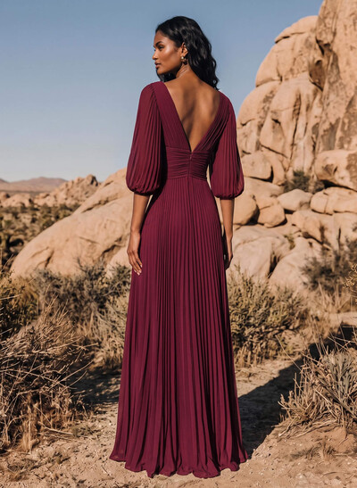 Elegant Pleated V-Neck A-Line Maxi Chiffon Bridesmaid Dresses With High Slit