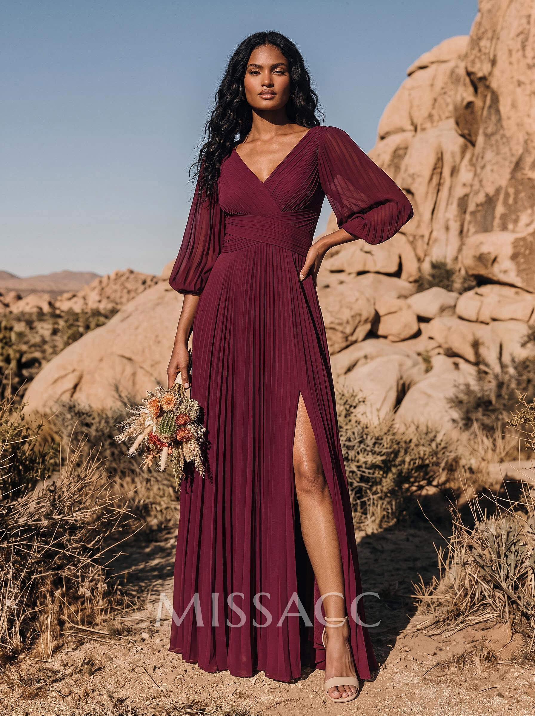 Elegant Pleated V-Neck A-Line Maxi Chiffon Bridesmaid Dresses With High Split