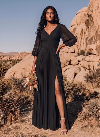 Elegant Pleated V-Neck A-Line High Split Floor-Length Chiffon Bridesmaid Dresses