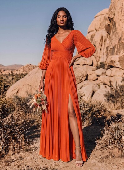 Elegant Pleated V-Neck A-Line High Split Floor-Length Chiffon Bridesmaid Dresses