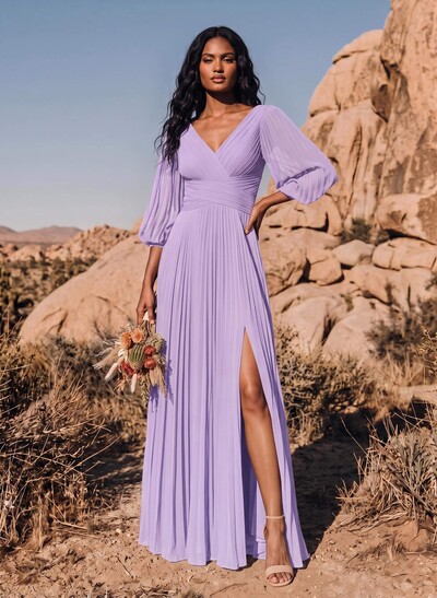 Elegant Pleated V-Neck A-Line Floor-Length Chiffon Bridesmaid Dresses With High Slit