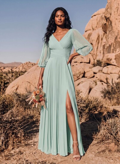 Elegant Pleated V-Neck A-Line High Split Floor-Length Chiffon Bridesmaid Dresses