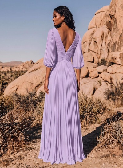Elegant Pleated V-Neck A-Line Floor-Length Chiffon Bridesmaid Dresses With High Slit