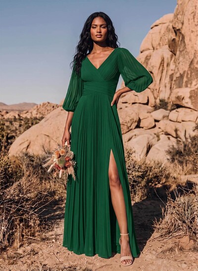 Elegant Pleated V-Neck A-Line High Split Floor-Length Chiffon Bridesmaid Dresses