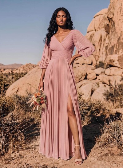 Elegant Pleated V-Neck A-Line Floor-Length Chiffon Bridesmaid Dresses With High Slit